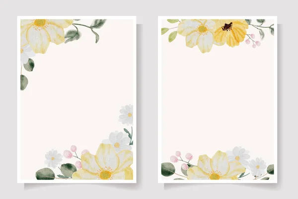 Aquarell Handgezeichnet Bunte Frühlingsblume Und Grünes Blatt Strauß Hochzeitseinladungskarte Vorlage — Stockvektor