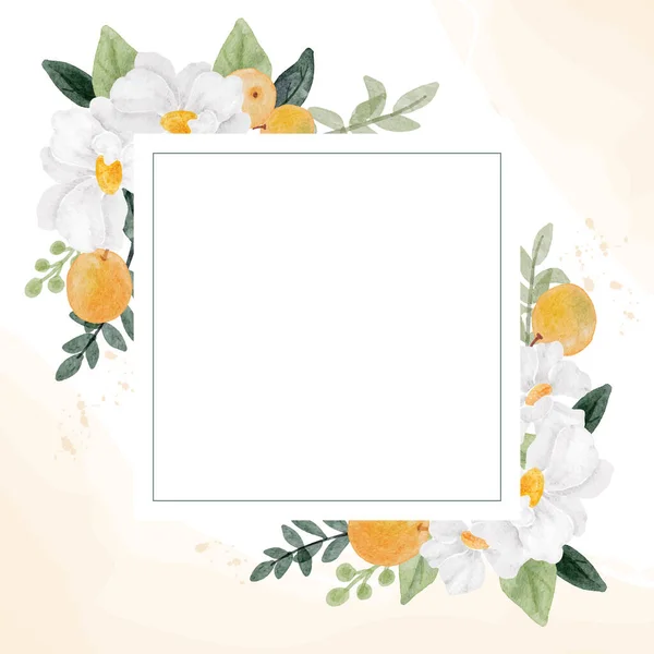 Aquarell Weiße Blume Und Orange Fruchtkranz Rahmen Banner Hintergrund — Stockvektor