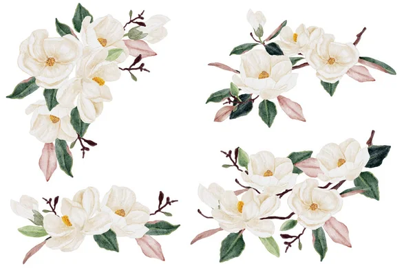 Акварель Белый Цветок Магнолия Листья Букет Клипарт Коллекция Изолированы Белом — стоковый вектор