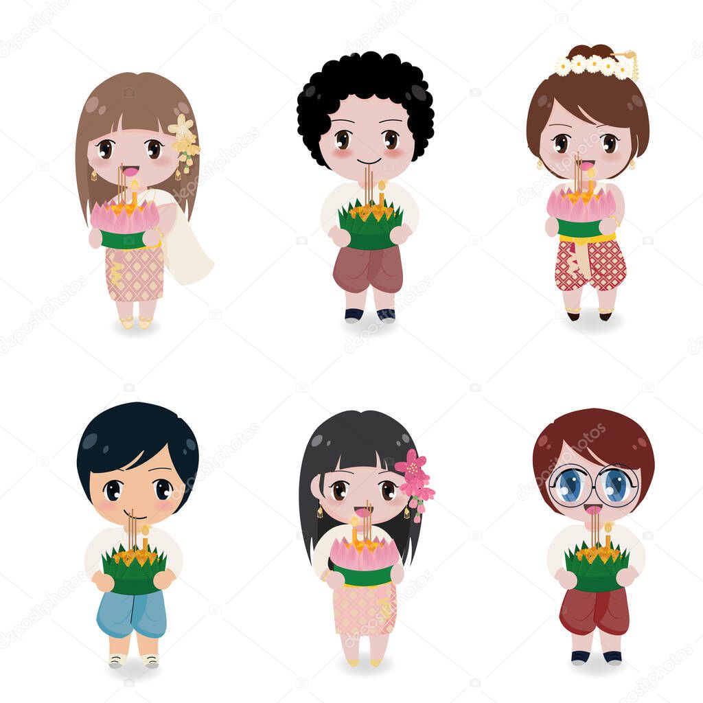 cute flat style Thai couple in traditional dress Loy Krathong in Thailand flower floating festival collection isolated on white background 