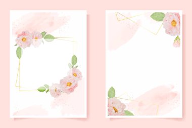 Pembe suluboya İngiliz gülü, altın çerçeveli, arka planda pembe süslemeli düğün ya da doğum günü davetiyesi şablonu koleksiyonu