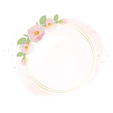 suluboya arkaplan üzerinde altın çelenk çerçeveli suluboya pembe güller kopya alanı ile