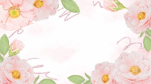 Watercolor Pink Rose Frame Rose Gold Glitter Splash Background — Stock Vector
