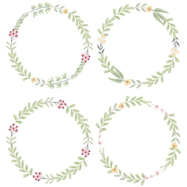 Watercolor Botanical Hand Drawing Leafs Wreath Tiny Pink Yellow Flowers — Stock Vector