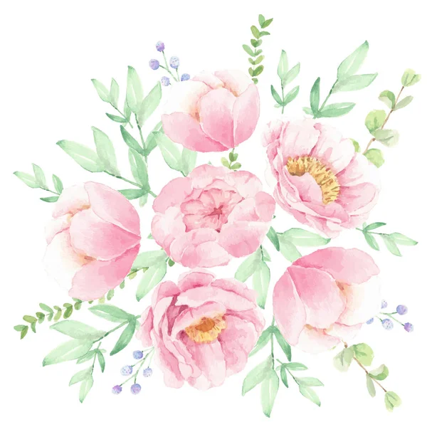 Aquarell Rosa Pfingstrose Blumenstrauß Arrangement — Stockvektor