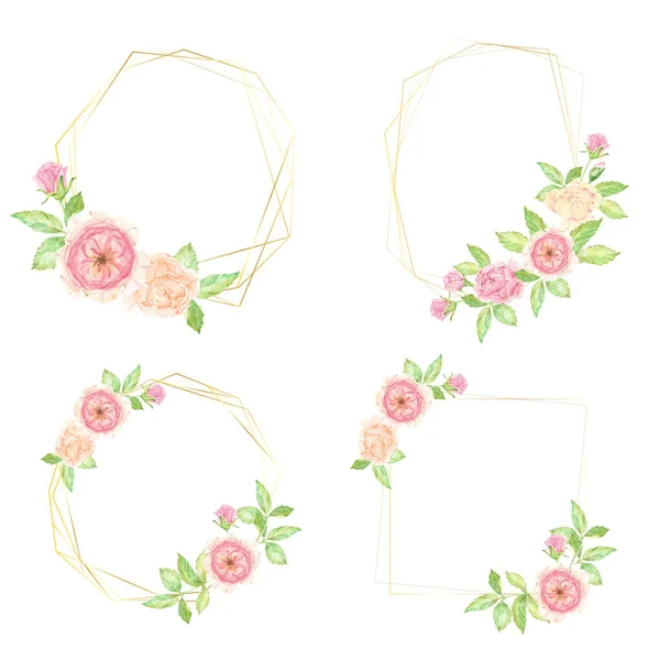 水彩艳丽的英式玫瑰花束 带有金色几何花环框架 用作横幅或标志 — 图库矢量图片