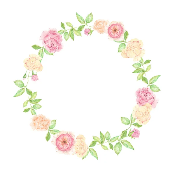 Watercolor Beautiful English Rose Flower Bouquet Wreath Frame Isolated White — Stock Vector