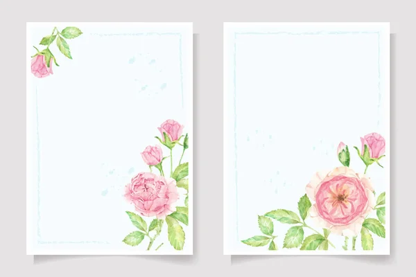 Aquarel Roze Roos Bloem Tak Boeket Bruiloft Uitnodiging Kaart Template — Stockvector