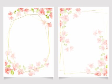 Düğün davetiyesi 5x7 şablon koleksiyonu için altın çerçeveli Bougainvillea suluboya