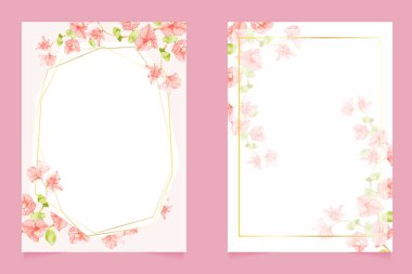 Düğün davetiyesi 5x7 şablon koleksiyonu için altın çerçeveli Bougainvillea suluboya