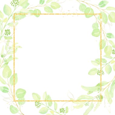 suluboya el okaliptüs yaprağını altın parıltılı çerçeve kare afiş zeminiyle çizdi