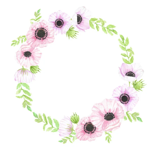 Watercolor Hand Drawn Anemone Flower Bouquet Wreath Frame Banner Background — Stock Vector