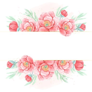 suluboya kırmızı şakayıklı buket çelenk altın parıltılı çerçeve kare pankartıyla 