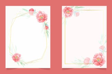 Altın çerçeveli düğün davetiyeli suluboya kırmızı şakayık ya da Asya 'da yeni yıl kartı koleksiyonu