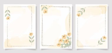 Sarı suluboya üzerindeki sarı yabani çiçek çerçevesi arka plan düğün davetiyesi veya doğum günü tebrik kartı şablonu koleksiyonu
