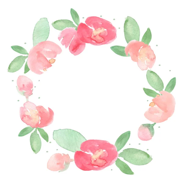 Watercolor Loose Red Pink Peony Flower Bloom Wreath Frame — Stock Vector