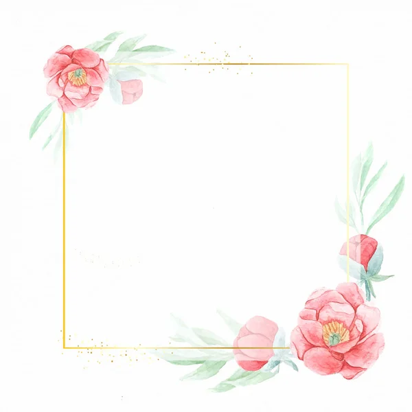 Aquarela Flor Peônia Vermelha Com Moldura Dourada Geométrica Fundo Papel — Vetor de Stock