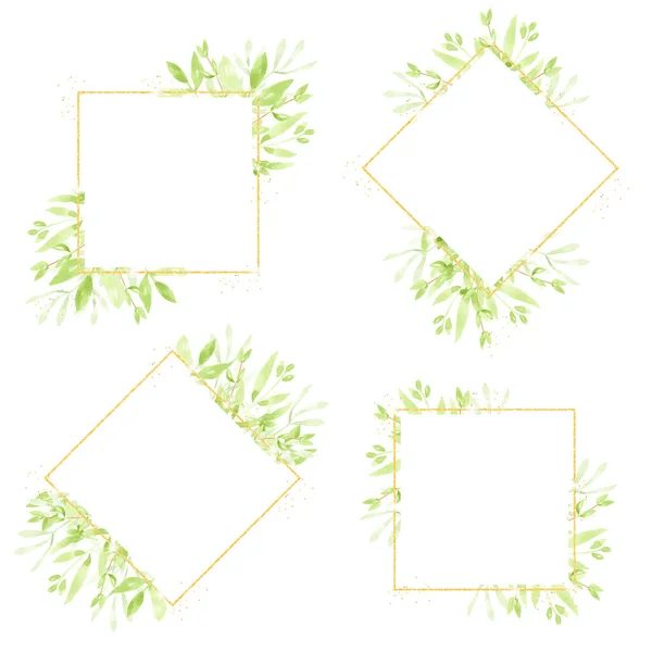 Watercolor Green Leaves Gold Glitter Wreath Frame Collection Logo Banner — Stock Vector