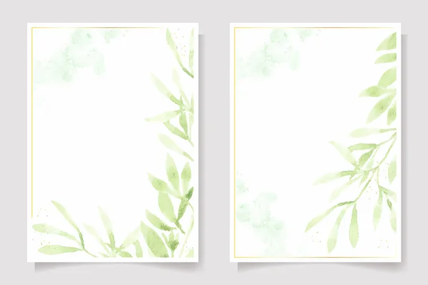 Aquarel Groen Blad Gouden Glitter Frame Bruiloft Uitnodiging Kaart Template — Stockvector