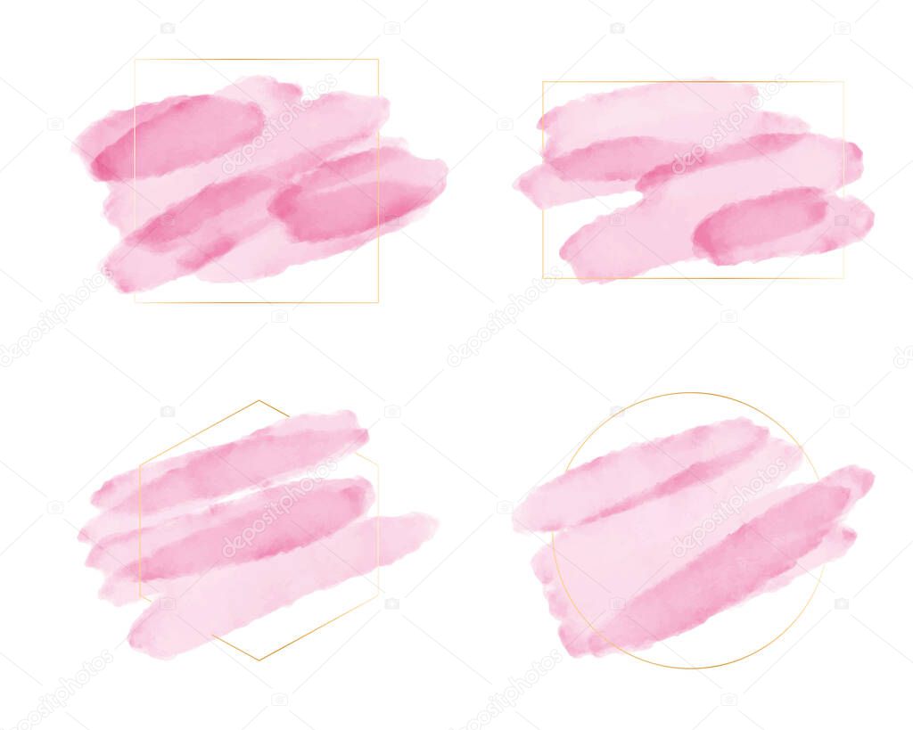 Pink watercolor brush stroke with golden frame for logo or banner collection
