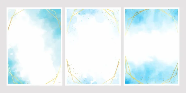 Blaue Aquarell Waschspritzer Mit Goldenem Rahmen 5X7 Einladungskarte Hintergrundvorlage Sammlung — Stockvektor