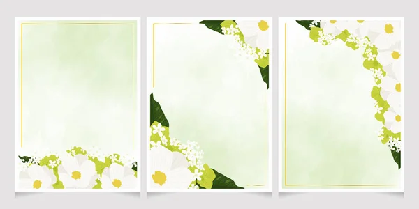 Beyaz Kozmos Yeşil Ortanca Çiçekleri Suluboya Arka Planda Altın Çerçeveli — Stok Vektör