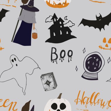 Cadılar Bayramı için kusursuz desen. Bir cadının tasviri, bir ev, bir hayalet, yazıtlar, sihirli bir top, bir balkabağı. Kumaş, baskı, duvar kağıdı, ambalaj, tatil için tasarım.