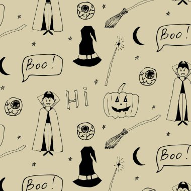 Cadılar Bayramı için kusursuz desen. Katılım şekli. Vampir illüstrasyonu, cadı şapkası, yazıtlar, süpürge, gözler, balkabağı. Kumaş, baskı, duvar kağıdı, ambalaj, tatil için tasarım.