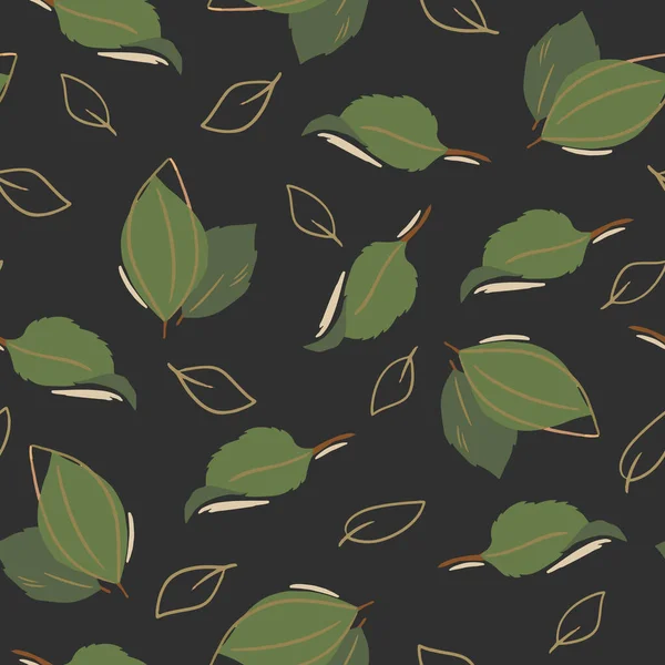 Бесшовный Рисунок Зеленых Листьев Черном Фоне Цвет Изображения Дизайн Детей — стоковый вектор