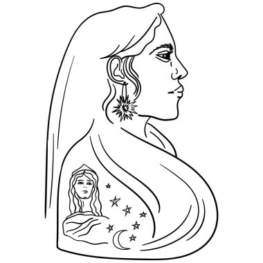 Omzunda dövme olan bir kızın vektör görüntüsü. Beline kadar uzanan bir kızın görüntüsü. Elle çizilmiş. Posterler, kartpostallar, davetiyeler, tatiller, dekorlar, çıkartmalar, baskılar.