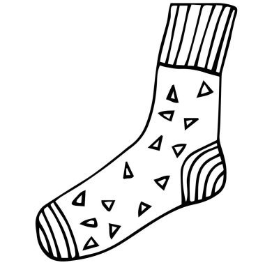One cute cotton sock with a triangle pattern, doodle. Winter and autumn shoes. Vector illustration of a flat design, black outline.