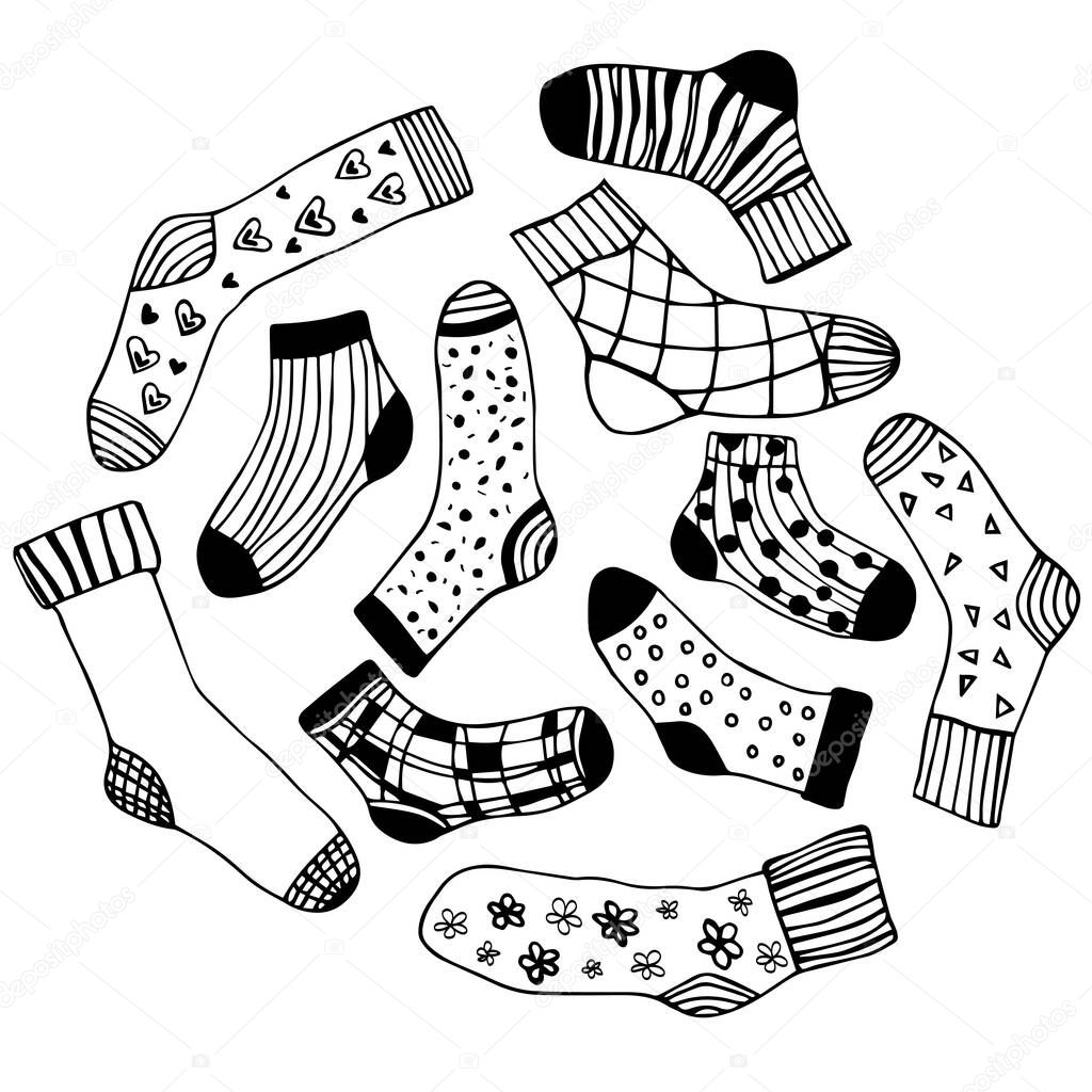 A set of stylish cotton and wool socks with various patterns, hearts and flowers, doodle. Winter and autumn shoes. Vector illustration of a flat design, black outline.