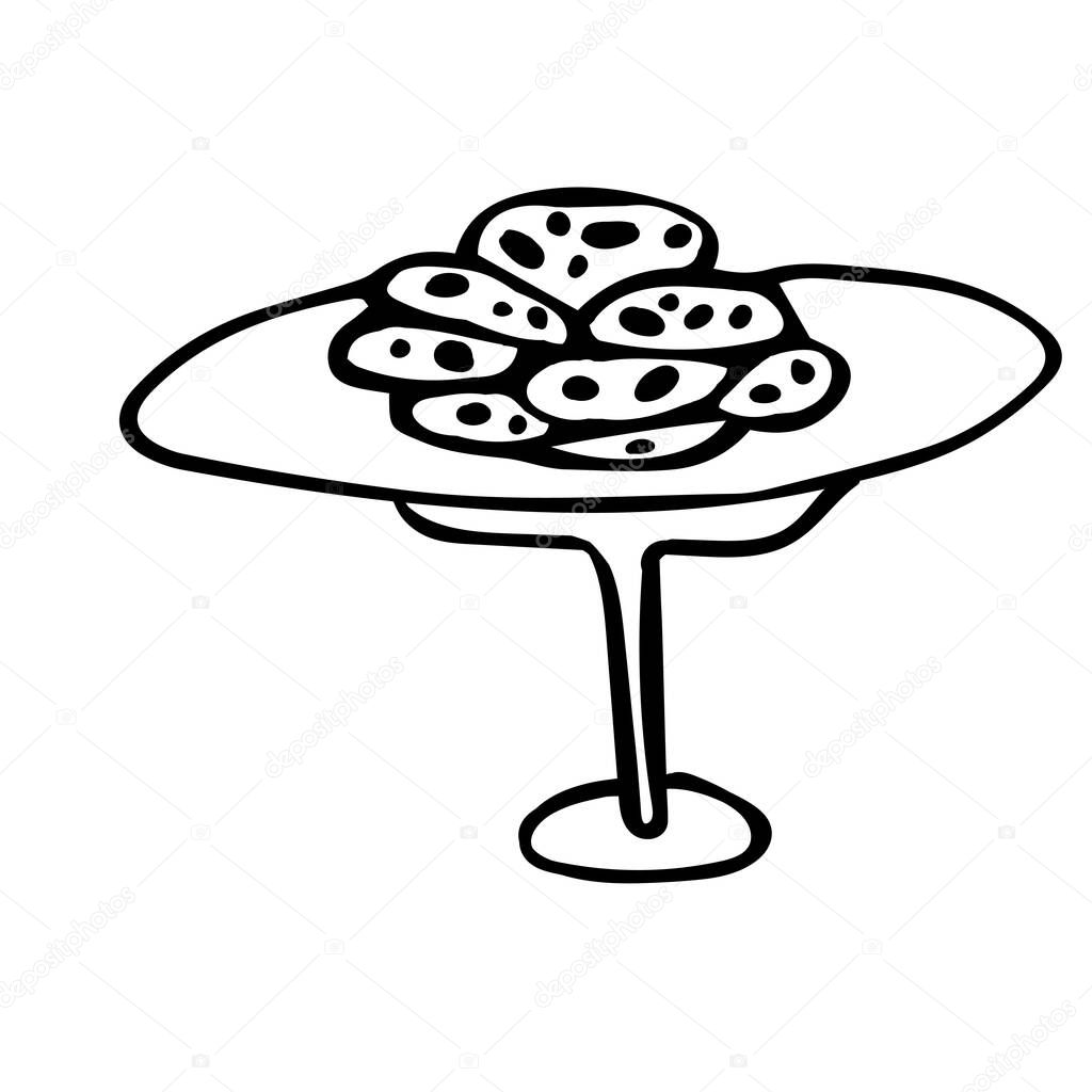 Vector image of a dish with chocolate cookies . The silhouette is a black outline. Design of posters, postcards, stickers, logos.