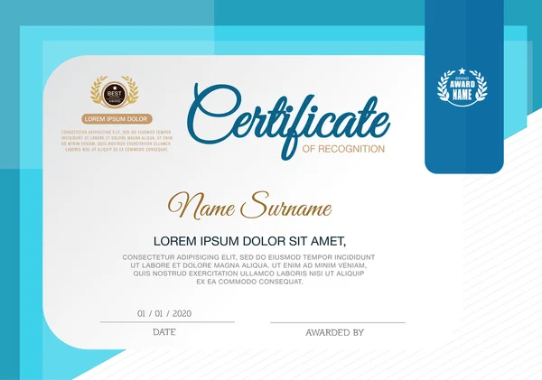 Layout modello certificato blu e oro in formato A4 — Vettoriale Stock