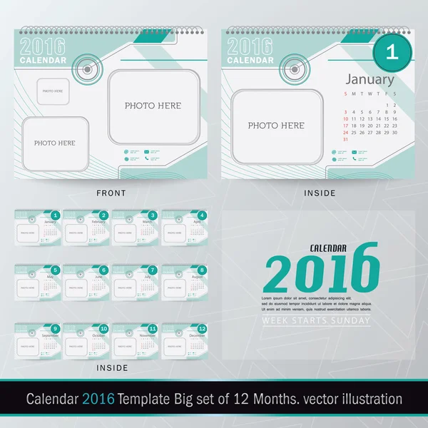 Bureau agenda 2016 Vector ontwerpsjabloon. Grote reeks van 12 maanden. Week begint zondag — Stockvector