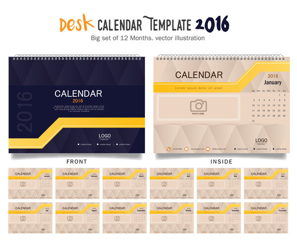 Desk Calendar 2016 Vector Design Template. Big set of 12 Months. Week Starts Sunday