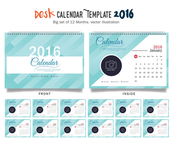 Desk Calendar 2016 Vector Design Template. Big set of 12 Months. Week Starts Sunday
