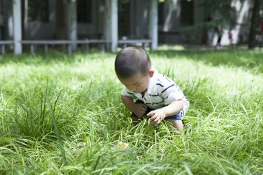 Çayırda oynayan sevimli Çinli bebek çocuk