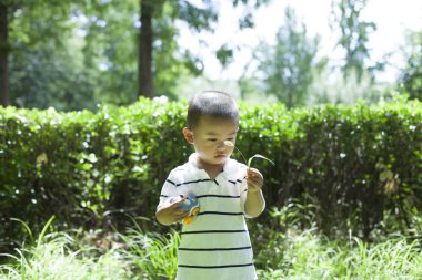 Çayırda oynayan sevimli Çinli bebek çocuk