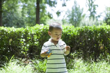 Çayırda oynayan sevimli Çinli bebek çocuk