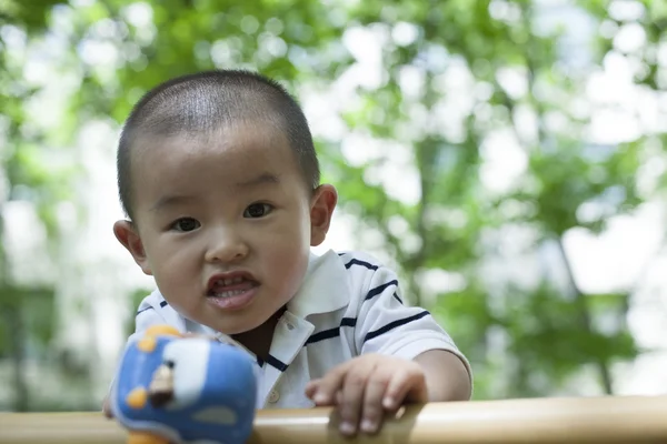 Милый китайский мальчик играет на скамейке в лесу — стоковое фото