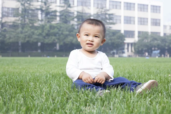 Çayır üzerinde oturan sevimli Çinli bebek çocuk — Stok fotoğraf