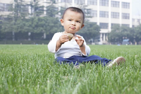 Lindo niño chino sentado en el prado — Foto de Stock