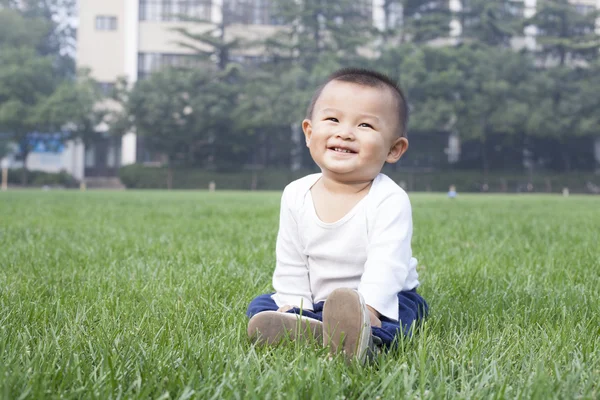 Çayır üzerinde oturan sevimli Çinli bebek çocuk