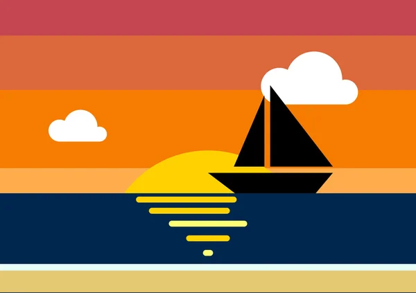 Pôr do sol no mar com nuvens e barco vetor ilustração para web e impressão —  Vetores de Stock