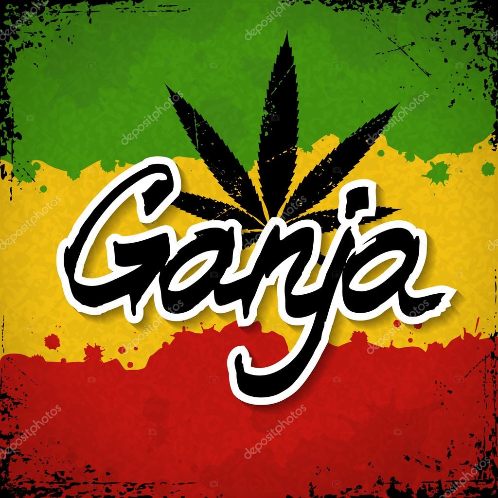 Ganja lettering poster. Vector cannabis leaf and typography on rastafarian grunge background