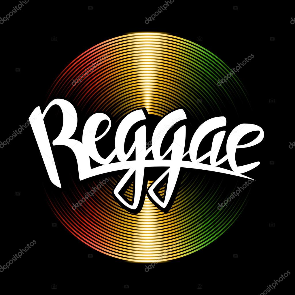 Reggae lettering. Vector vinyl disc and reggae typography label on rastafarian background.