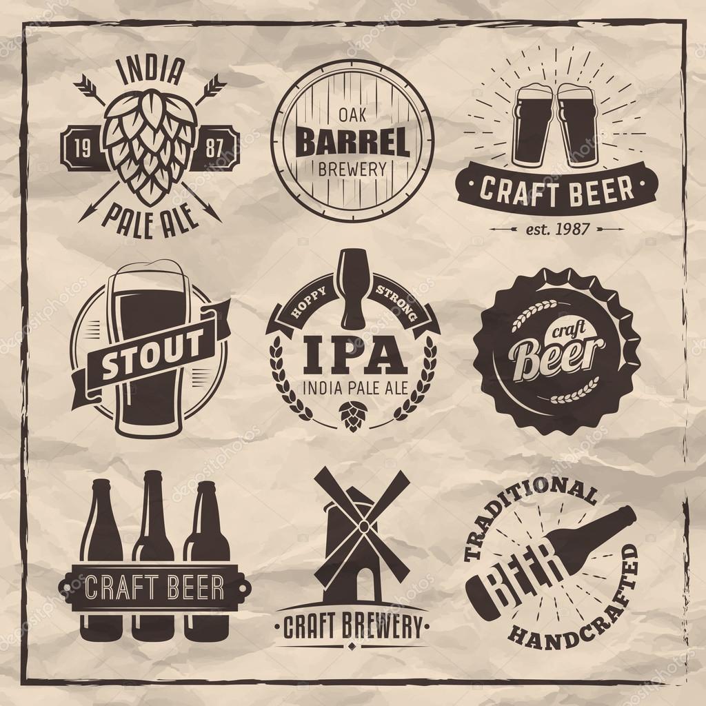 Set of vector craft beer logos and badges. Retro beer labels on vintage paper background