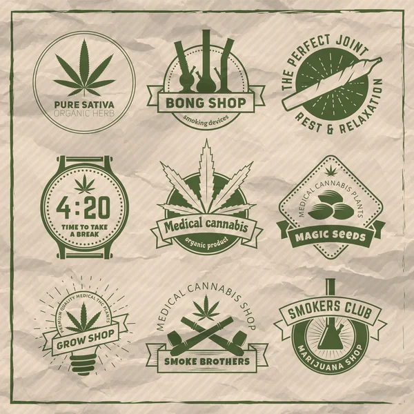 Conjunto de emblemas para fumar marijuana vetorial — Vetor de Stock