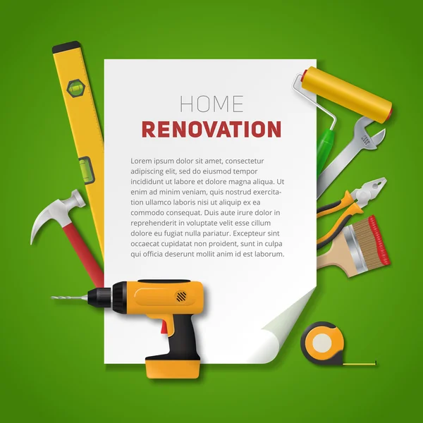 Home renovation banner with vector realistic hand tools — Stock Vector
